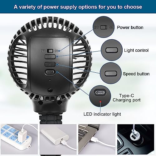 WiHoo 5200mAh Stroller Fan with LED Lights,Portable Fan for Car Seat Baby Stroller Fan with Flexible Tripod 3 Speeds for Golf Cart Crib Bike Treadmill