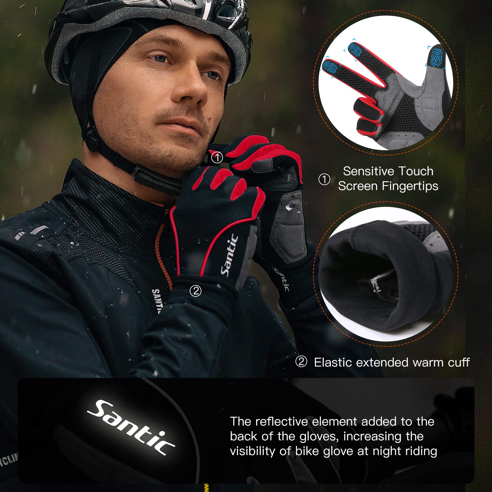 Santic Cycling Gloves Windproof Bike Bicycle Motorcycle Gloves with Gel Pads, Anti-Shock Breathable Mountain Bike Gloves for Men and Women