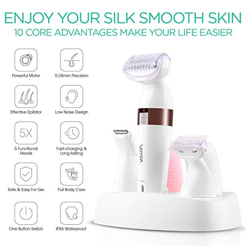 VOYOR Electric Shaver for Women Bikini Trimmer Hair Remover for Face Body, 5 in 1 Groomer Kit Lady Shaver Bikini Razor Women for Hair Trimmer, Cordless Rechargeable Waterproof ES500