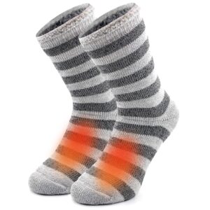 busy socks winter warm thermal socks for men women extra thick insulated heated crew boot socks for extreme cold weather, large, 1 pair light grey striped