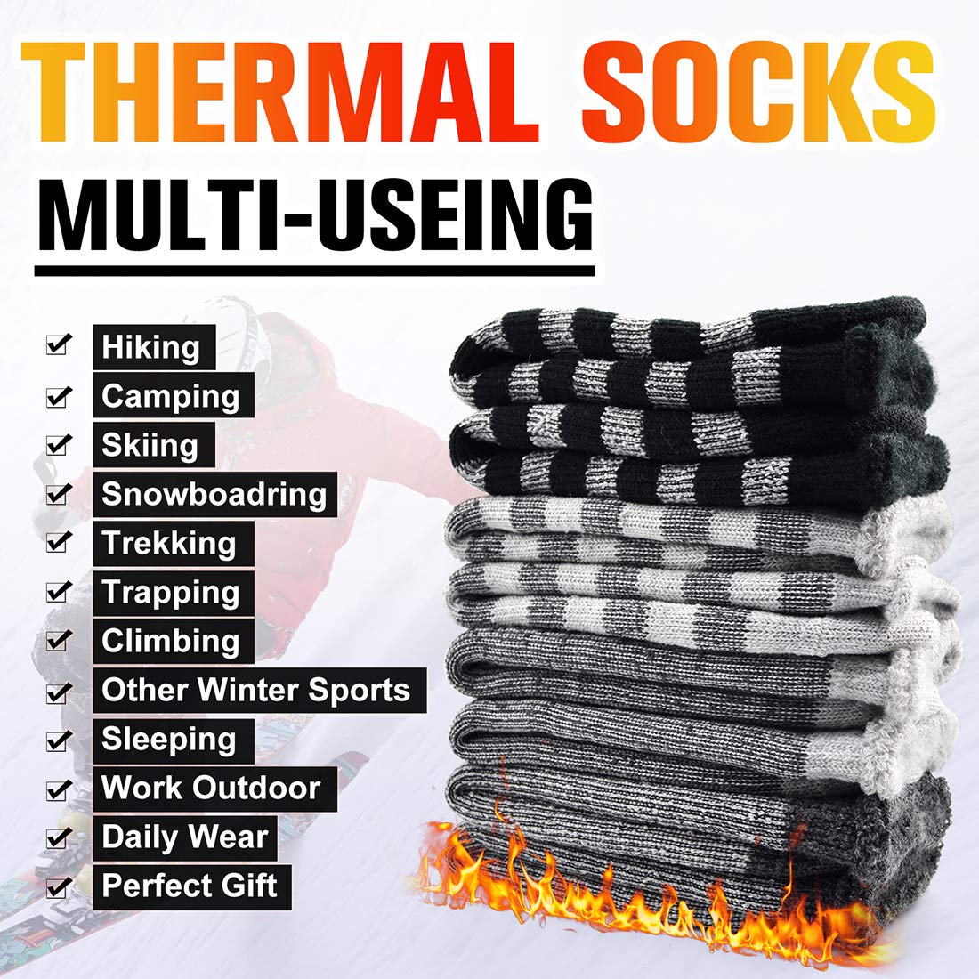 Busy Socks Winter Warm Thermal Socks for Men Women Extra Thick Insulated Heated Crew Boot Socks for Extreme Cold Weather, Large, 1 Pair Light Grey Striped