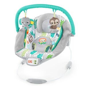 bright starts comfy baby bouncer soothing vibrations infant seat - taggies, music, removable toy-bar, 0-6 months up to 20 lbs (jungle vines)