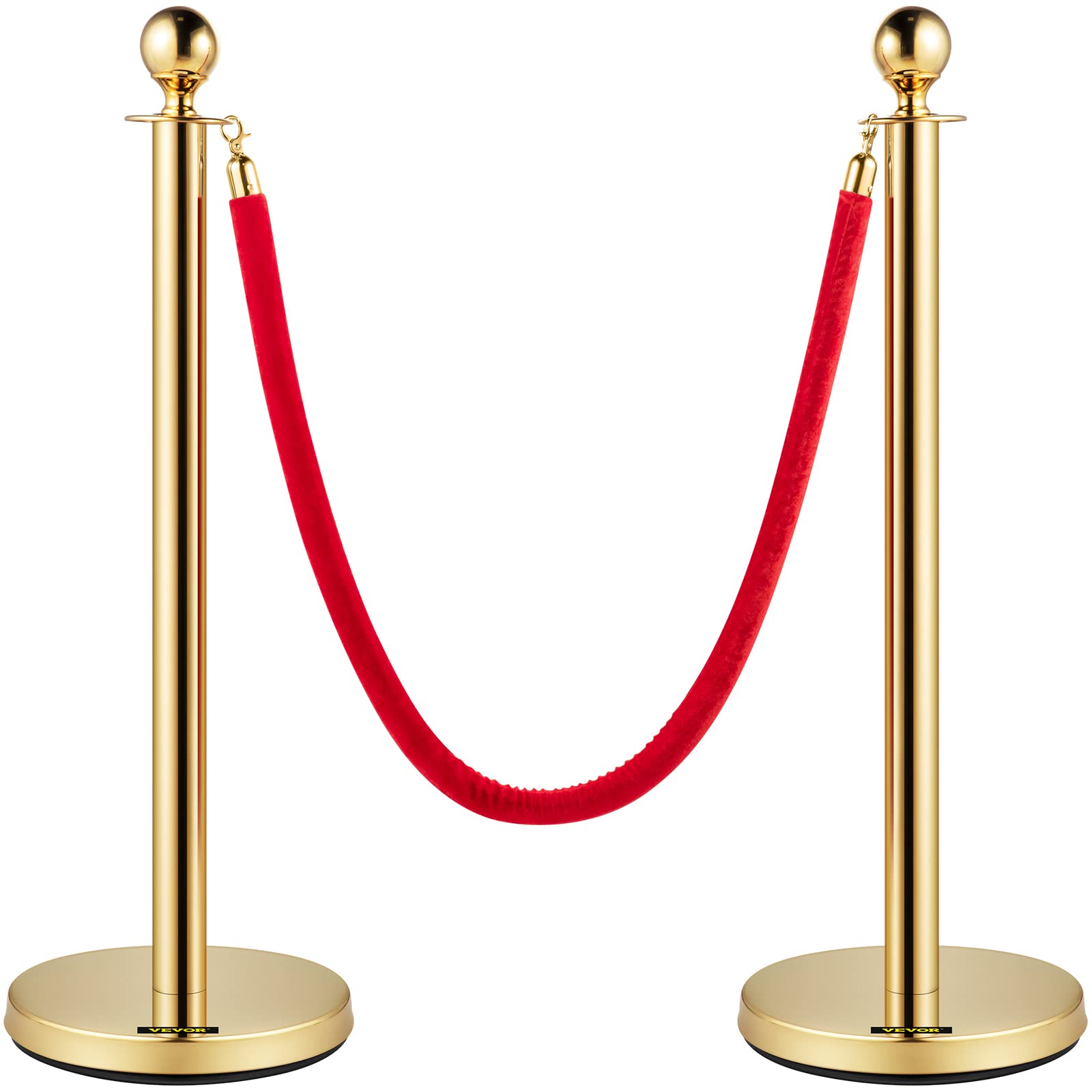 BestEquip Velvet Ropes and Posts 4 Pcs, 3 Red Velvet Rope 5 ft, Stanchion Post with Ball Top, Crowd Control Barriers Gold Stanchions, Red Carpet Poles, Crowd Control Ropes and Poles for Party Supplies