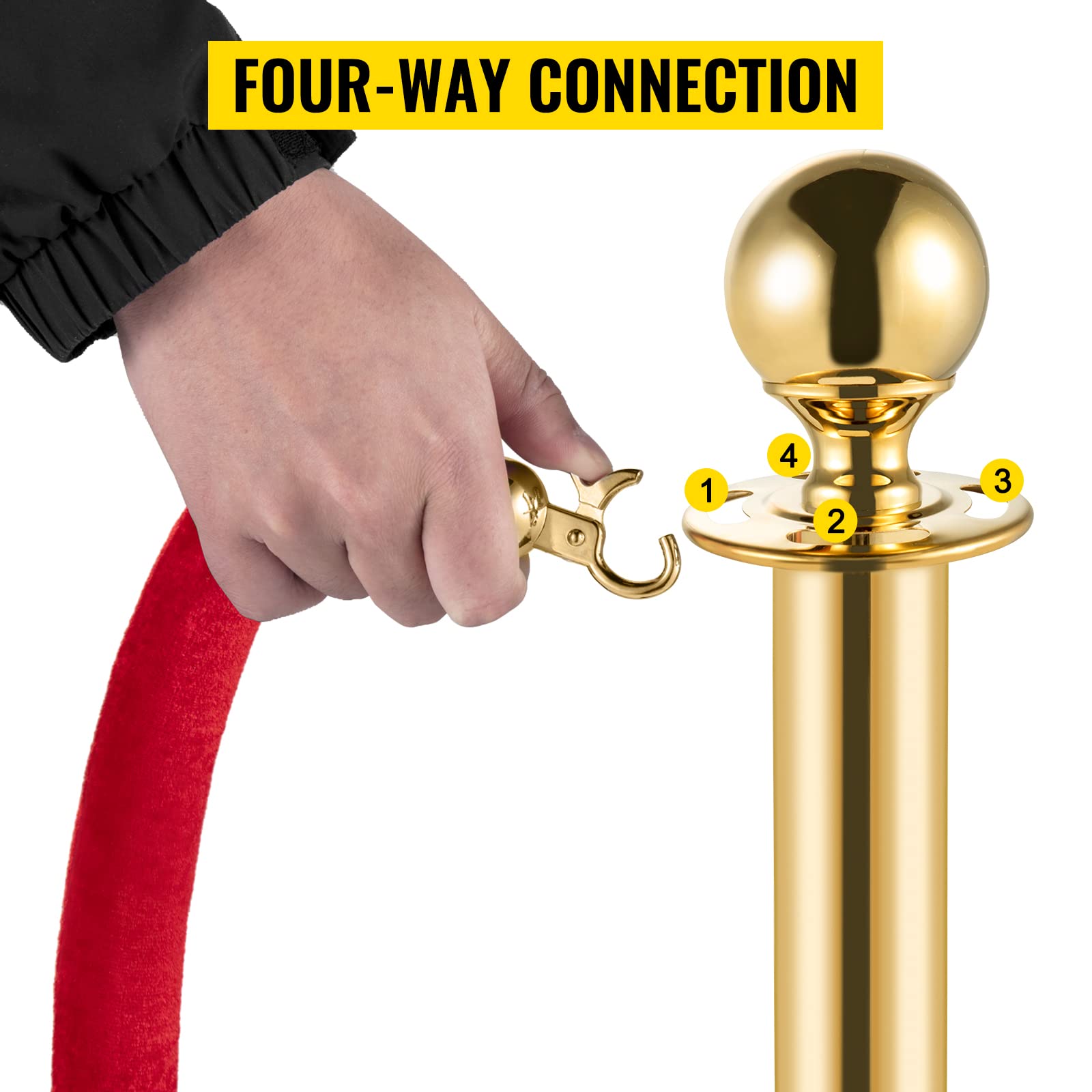 BestEquip Velvet Ropes and Posts 4 Pcs, 3 Red Velvet Rope 5 ft, Stanchion Post with Ball Top, Crowd Control Barriers Gold Stanchions, Red Carpet Poles, Crowd Control Ropes and Poles for Party Supplies