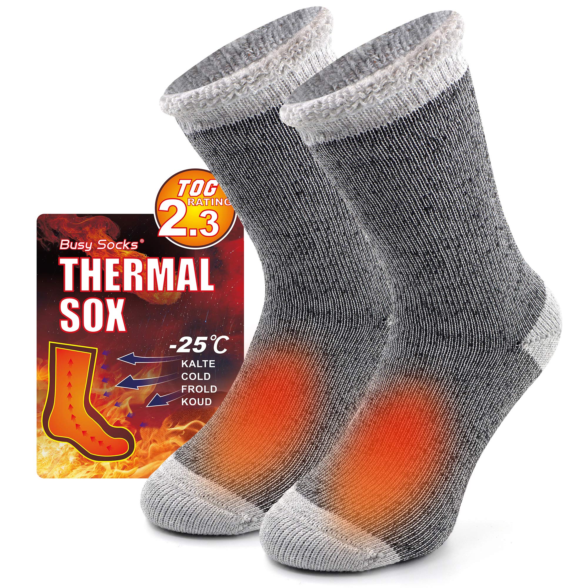 Busy Socks Winter Warm Thermal Socks for Men Women Extra Thick Insulated Heated Crew Boot Socks for Extreme Cold Weather, Medium, 1 Pair Light Grey