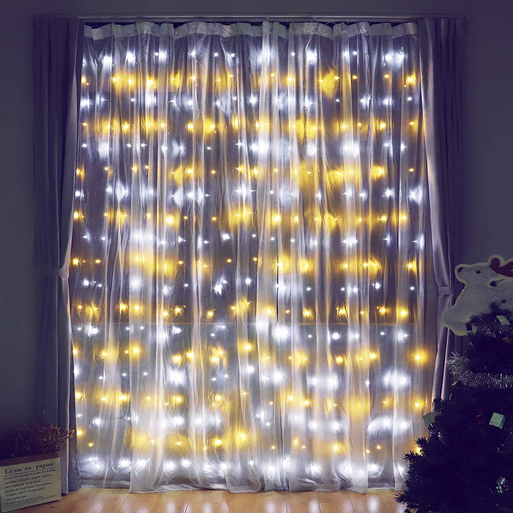 HEYFUNi Fiee Curtain Lights,304L 9.8ftX9.8ft 30V 8Modes Safety Window Lights for Home Wedding Christmas Party Patio Lawn Garden Bedroom Outdoor Indoor Wall Decorations (304LED, Warm White+White)