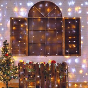 HEYFUNi Fiee Curtain Lights,304L 9.8ftX9.8ft 30V 8Modes Safety Window Lights for Home Wedding Christmas Party Patio Lawn Garden Bedroom Outdoor Indoor Wall Decorations (304LED, Warm White+White)