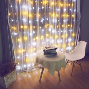 HEYFUNi Fiee Curtain Lights,304L 9.8ftX9.8ft 30V 8Modes Safety Window Lights for Home Wedding Christmas Party Patio Lawn Garden Bedroom Outdoor Indoor Wall Decorations (304LED, Warm White+White)