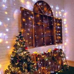 HEYFUNi Fiee Curtain Lights,304L 9.8ftX9.8ft 30V 8Modes Safety Window Lights for Home Wedding Christmas Party Patio Lawn Garden Bedroom Outdoor Indoor Wall Decorations (304LED, Warm White+White)