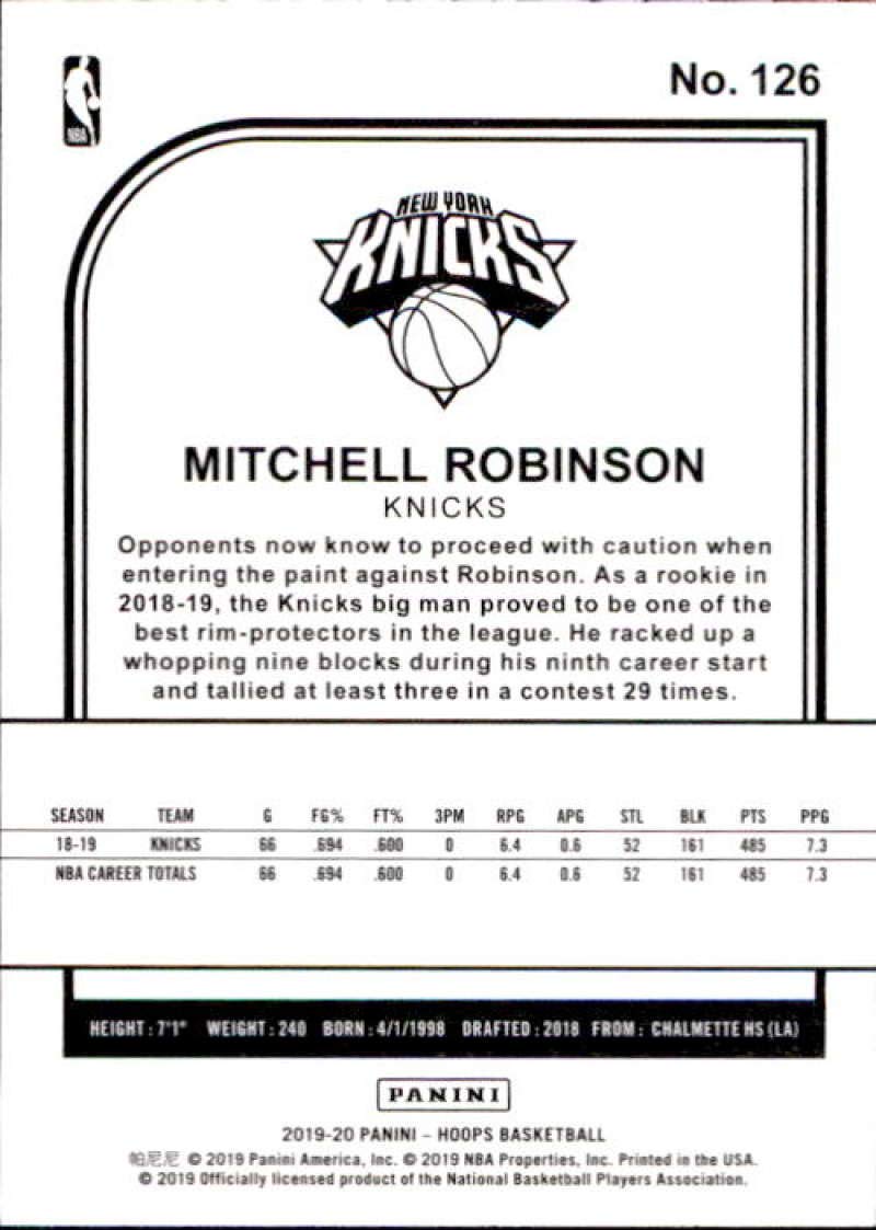 2019-20 Panini NBA Hoops #126 Mitchell Robinson New York Knicks Basketball Card