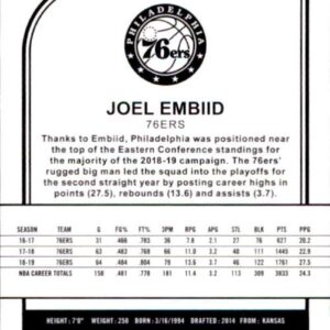 2019-20 Panini NBA Hoops #145 Joel Embiid Philadelphia 76ers Basketball Card