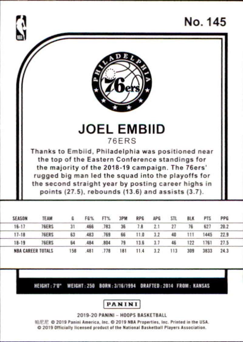 2019-20 Panini NBA Hoops #145 Joel Embiid Philadelphia 76ers Basketball Card