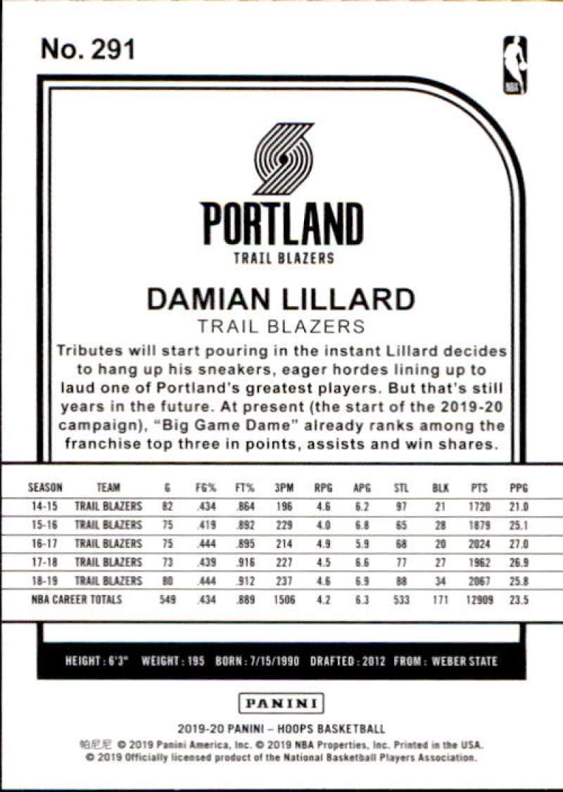 2019-20 Panini NBA Hoops #291 Damian Lillard Portland Trail Blazers Basketball Card