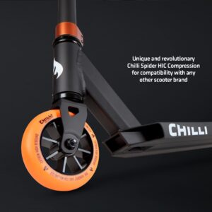 Chilli Base - Quality Freestyle Extreme Intermediate and Beginner Stunt Scooter for Ages 6 and up, 110 mm Wheels, HIC Compression System - Black/Orange