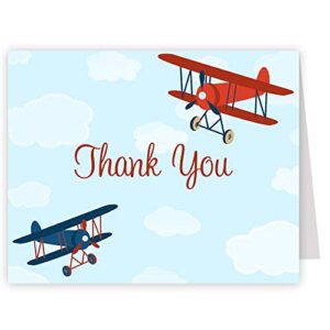 the invite lady airplane thank you cards baby shower birthday kids up up and away vintage retro red blue folded thank you notes (24 count)