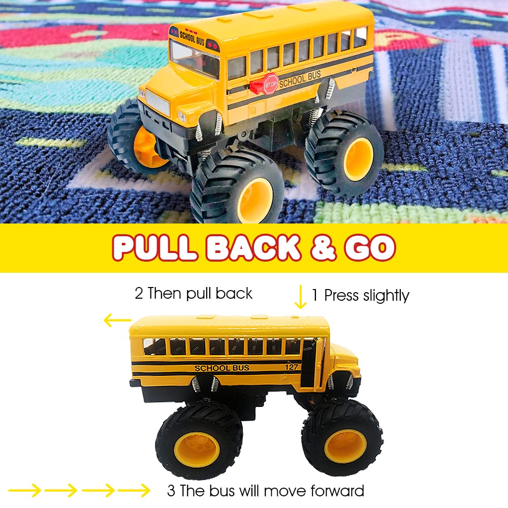 ArtCreativity 5 Inch Pullback School Bus Toy Set - Set of 2 - Includes 2 Yellow School Buses with Monster Wheels - Diecast Bus Playset with Pullback Mechanisms - Great Gift Idea for Boys and Girls