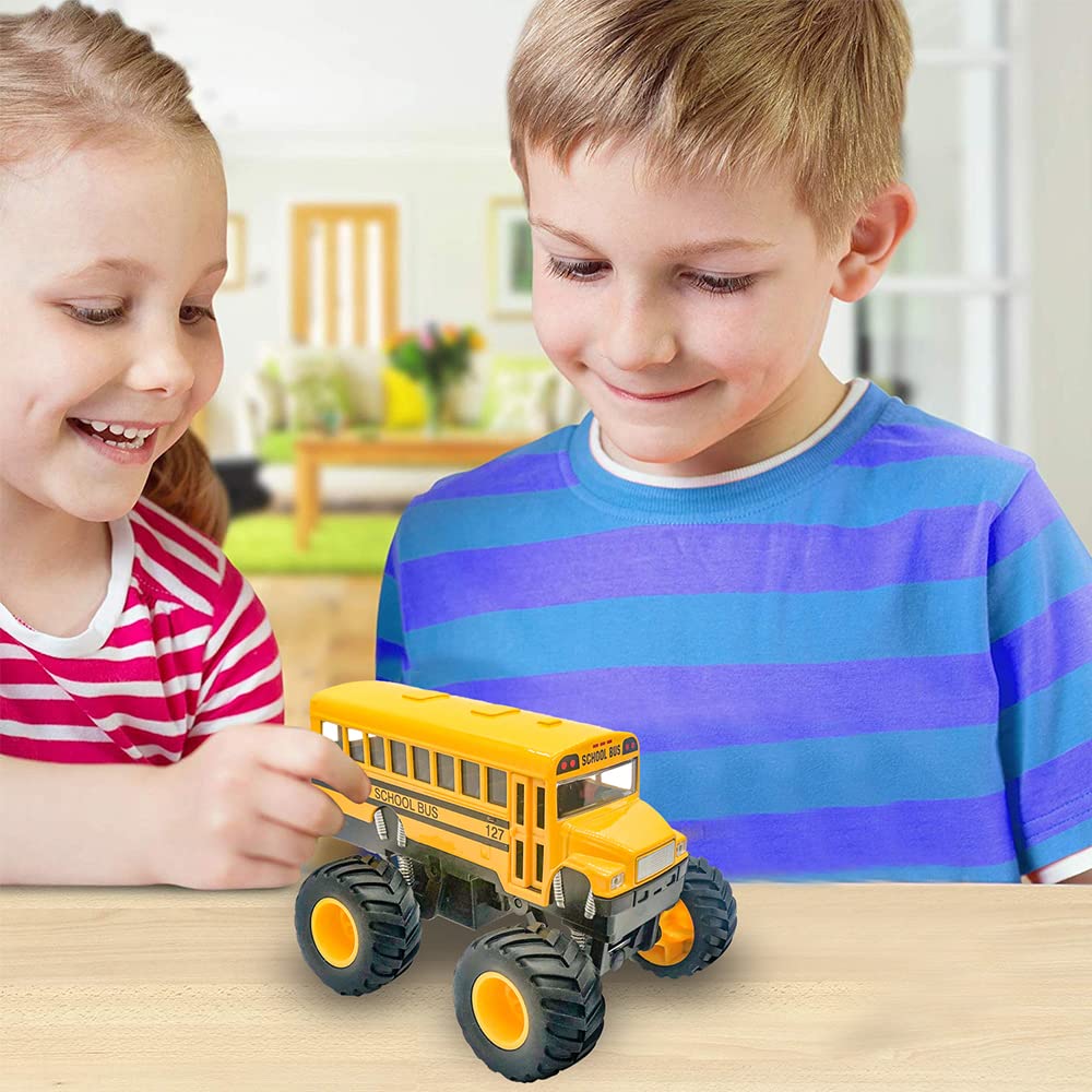 ArtCreativity 5 Inch Pullback School Bus Toy Set - Set of 2 - Includes 2 Yellow School Buses with Monster Wheels - Diecast Bus Playset with Pullback Mechanisms - Great Gift Idea for Boys and Girls