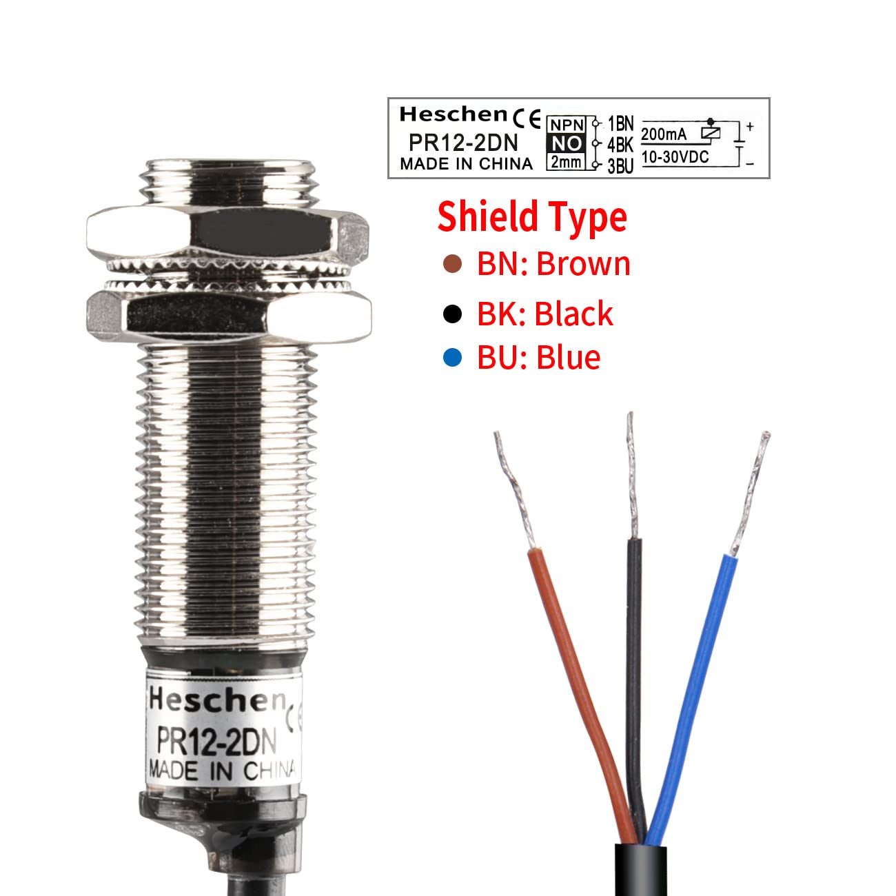 Heschen M12 Inductive Proximity Sensor Switch PR12-2DN Cylindrical Type Detector 2mm DC12-24V 3-Wire NPN NO(Normally Open) CE