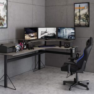 DAR CORE Computer Gaming L-Desk with Power, Gray/Black