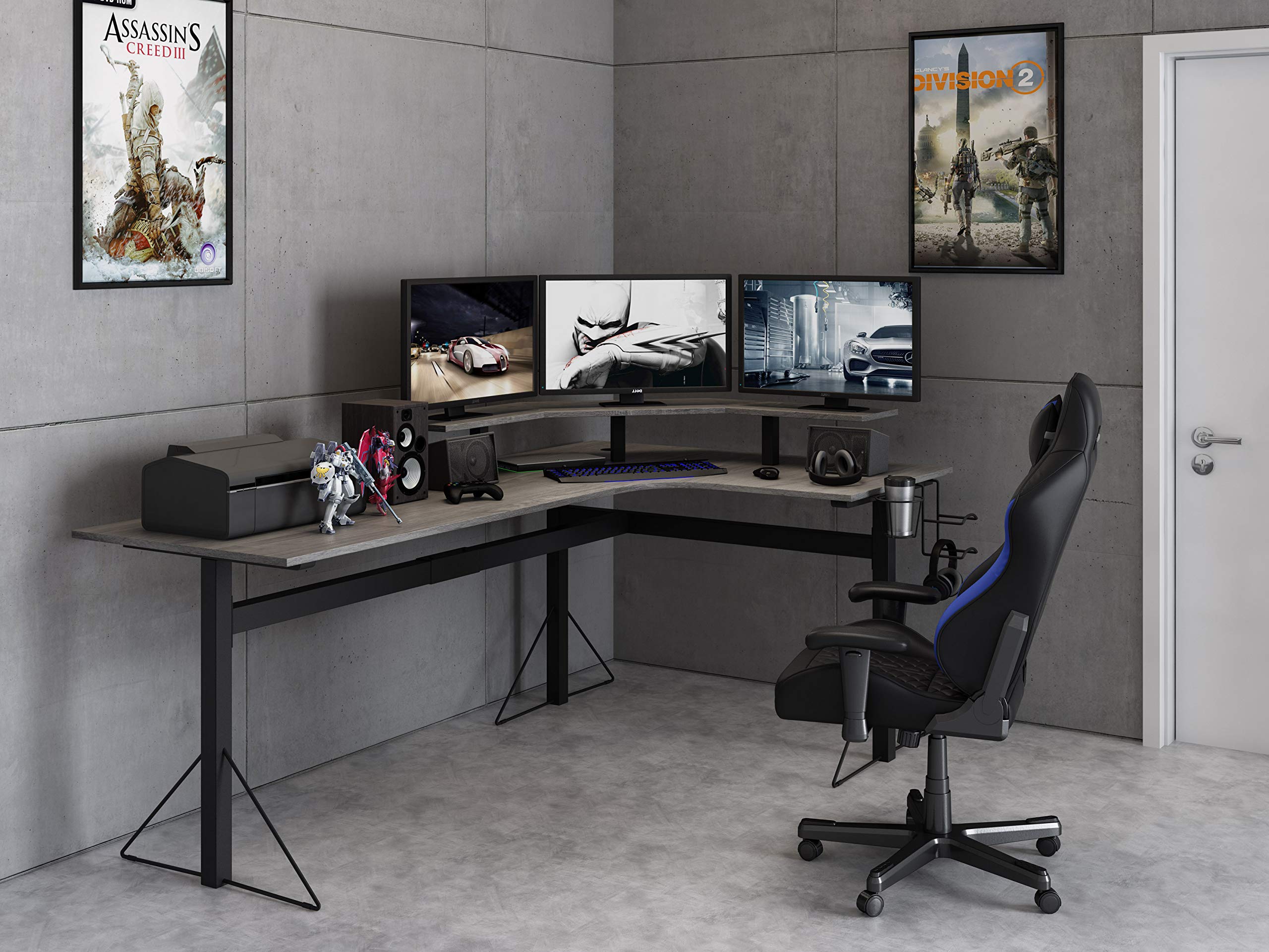 DAR CORE Computer Gaming L-Desk with Power, Gray/Black