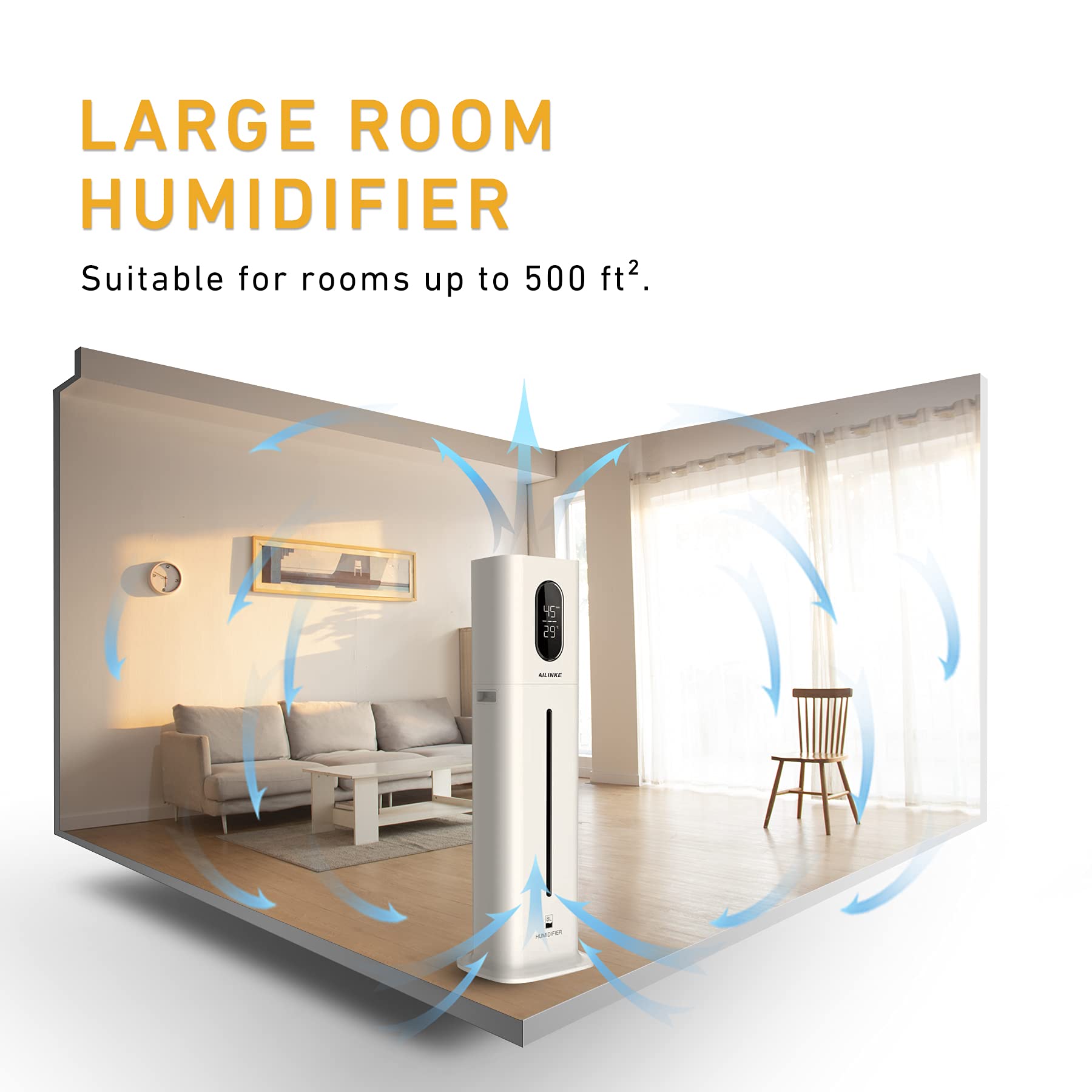 Humidifiers for Bedroom Large Room, AILINKE 8L Large Ultrasonic Top Fill Humidifier with 3 Speed Humidistat for Baby Kids Adults Home Yoga Sleep