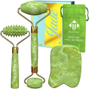 jade roller for face and gua sha set - 2 anti-aging facial rollers and gua-sha facial tool - face and body massager for your skincare routine - massage tools for wrinkles and lifting