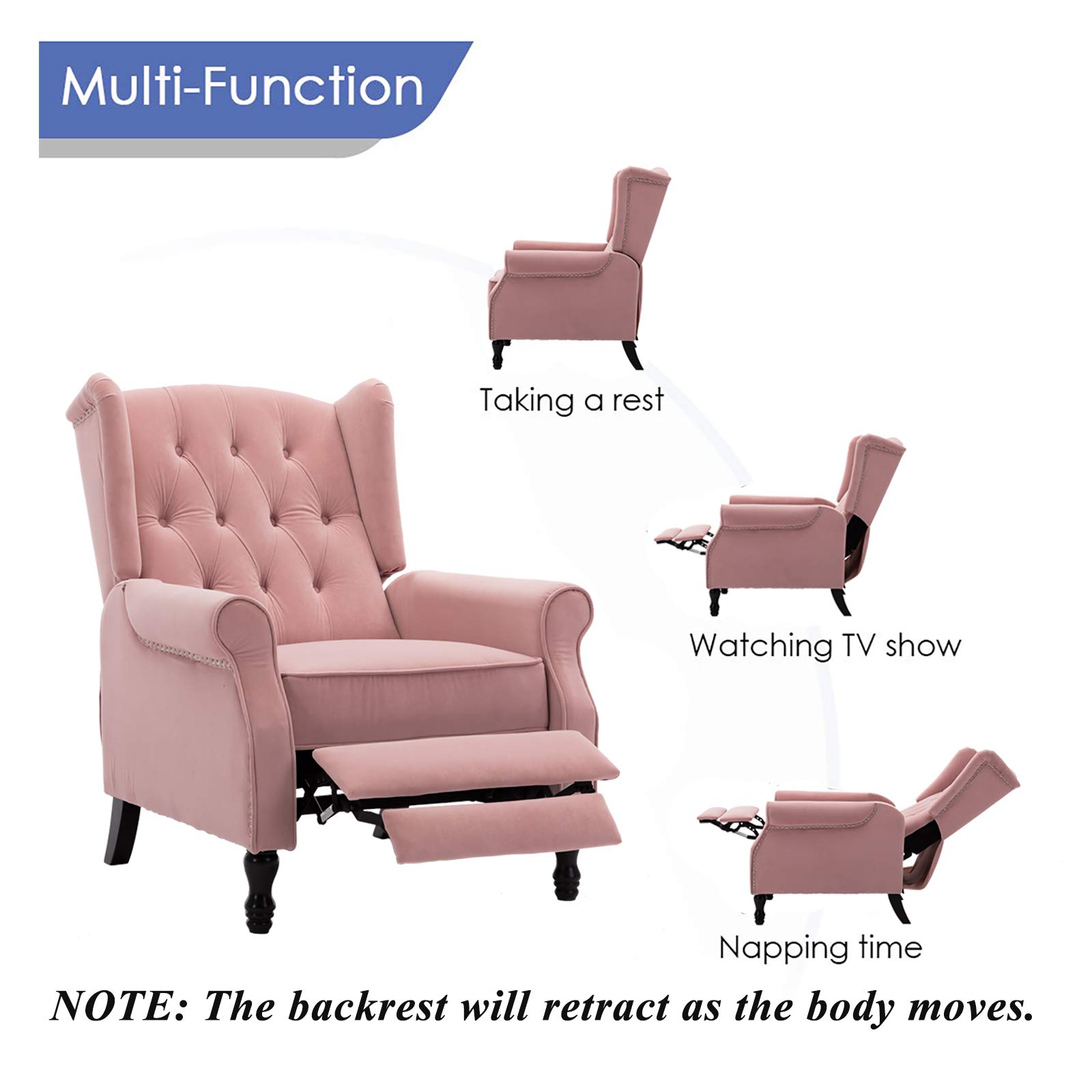 Artechworks Velvet Tufted Push Back Arm Accent Chair Recliner Single Reclining for Adjustable Club Chair Home Padded Seating Living Room Lounge Modern Sofa,Pink