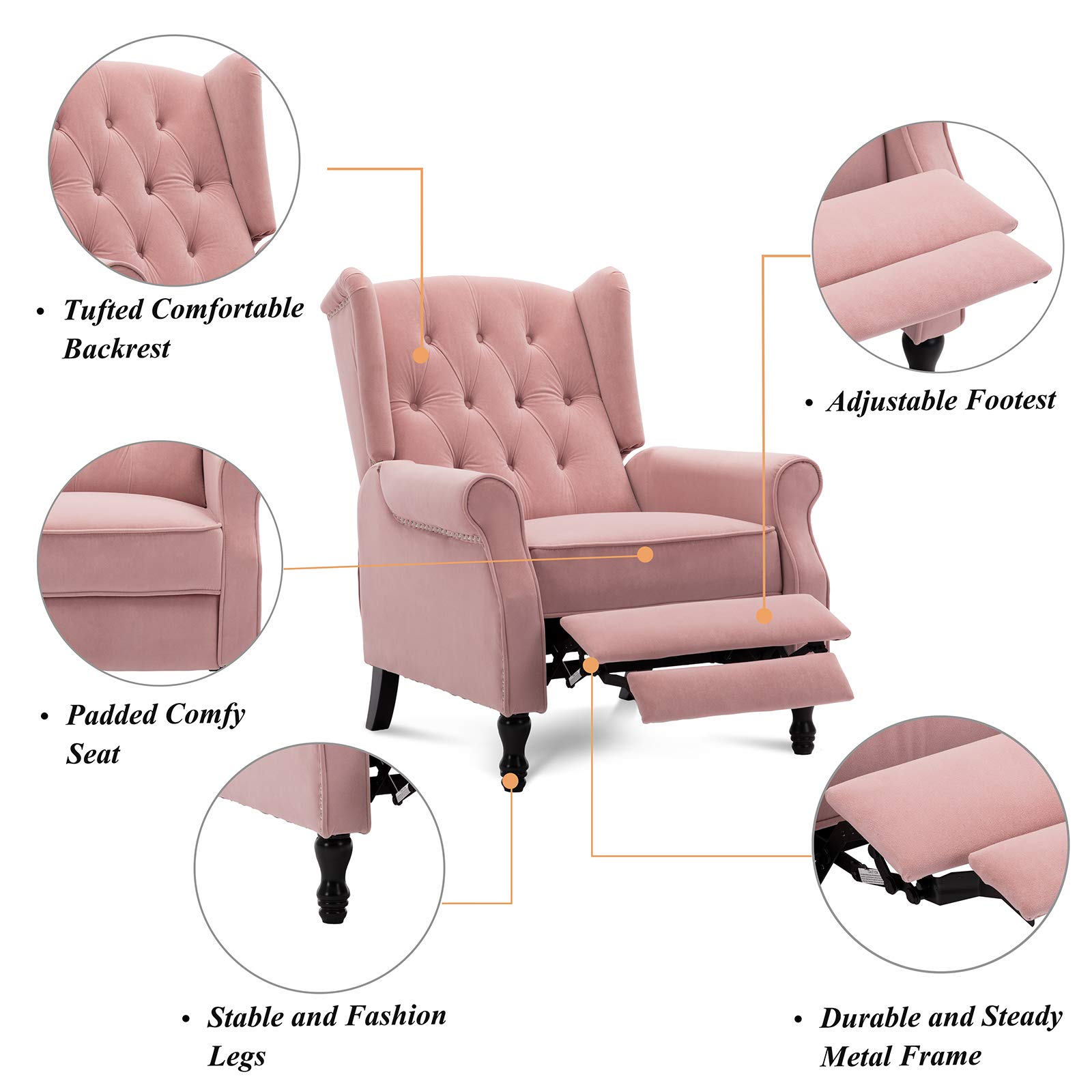 Artechworks Velvet Tufted Push Back Arm Accent Chair Recliner Single Reclining for Adjustable Club Chair Home Padded Seating Living Room Lounge Modern Sofa,Pink