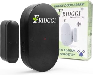 fridggi - fridge door chime with delay, 60sec, 120sec, 180sec delay reminders, 80db to 110db, freezer door alarm when left open (black)
