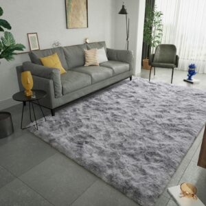 lochas luxury 5x8 fluffy tie dye area rug for living room, soft fuzzy rugs for bedroom livingroom kids girls boys room, throw floor carpet home decor, light grey