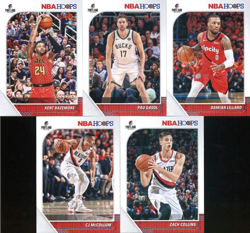 2019-20 Panini NBA Hoops Portland Trail Blazers Team Set of 10 Cards: Kent Bazemore(#4), Pau Gasol(#105), Damian Lillard(#157), CJ McCollum(#158), Zach Collins(#159), Jusuf Nurkic(#162), Hassan Whiteside(#196), Nassir Little(#220), Anfernee Simons(#268),