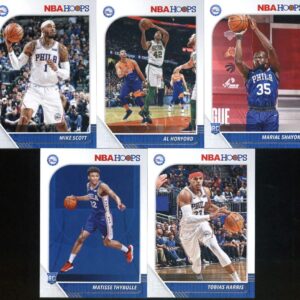 2019-20 Panini NBA Hoops Philadelphia 76ers Team Set of 10 Cards: Josh Richardson(#98), Ben Simmons(#144), Joel Embiid(#145), Tobias Harris(#147), Matisse Thybulle(#239), Marial Shayok(#252), Al Horford(#260), Mike Scott(#279), Allen Iverson(#285), Julius