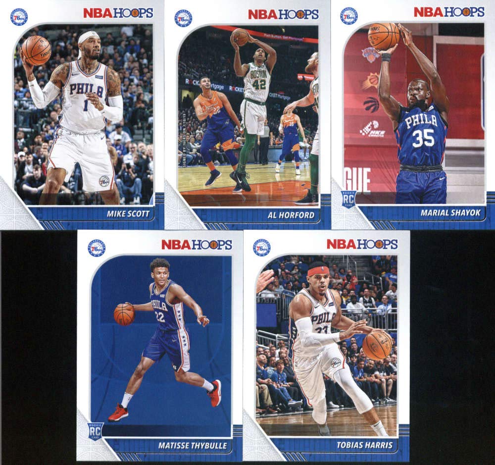 2019-20 Panini NBA Hoops Philadelphia 76ers Team Set of 10 Cards: Josh Richardson(#98), Ben Simmons(#144), Joel Embiid(#145), Tobias Harris(#147), Matisse Thybulle(#239), Marial Shayok(#252), Al Horford(#260), Mike Scott(#279), Allen Iverson(#285), Julius