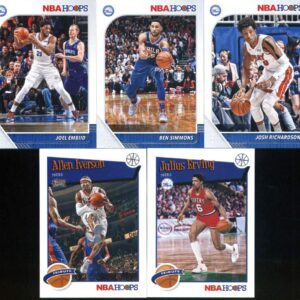 2019-20 Panini NBA Hoops Philadelphia 76ers Team Set of 10 Cards: Josh Richardson(#98), Ben Simmons(#144), Joel Embiid(#145), Tobias Harris(#147), Matisse Thybulle(#239), Marial Shayok(#252), Al Horford(#260), Mike Scott(#279), Allen Iverson(#285), Julius