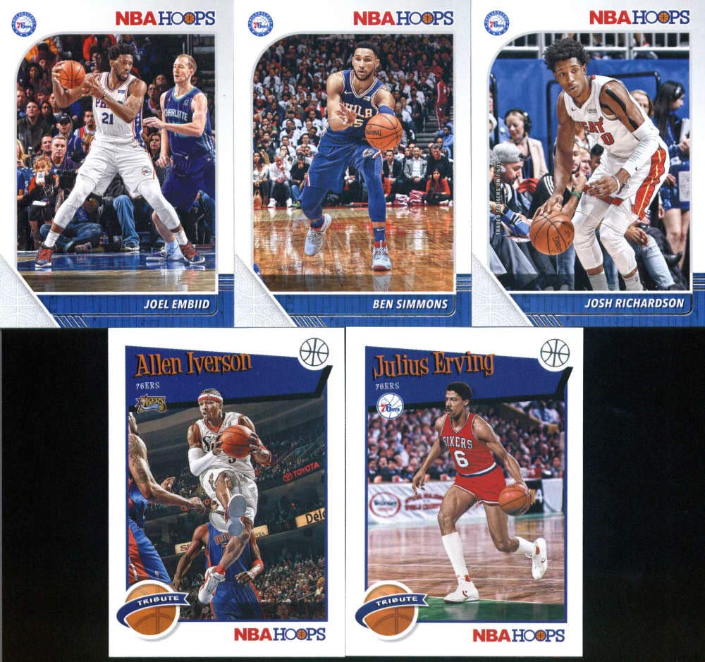 2019-20 Panini NBA Hoops Philadelphia 76ers Team Set of 10 Cards: Josh Richardson(#98), Ben Simmons(#144), Joel Embiid(#145), Tobias Harris(#147), Matisse Thybulle(#239), Marial Shayok(#252), Al Horford(#260), Mike Scott(#279), Allen Iverson(#285), Julius