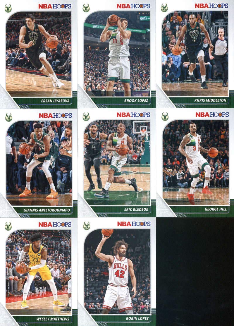 2019-20 Panini NBA Hoops Milwaukee Bucks Team Set of 8 Cards: Robin Lopez(#31), Wesley Matthews(#75), George Hill(#93), Giannis Antetokounmpo(#102), Eric Bledsoe(#103), Brook Lopez(#106), Khris Middleton(#107), Ersan Ilyasova(#109)