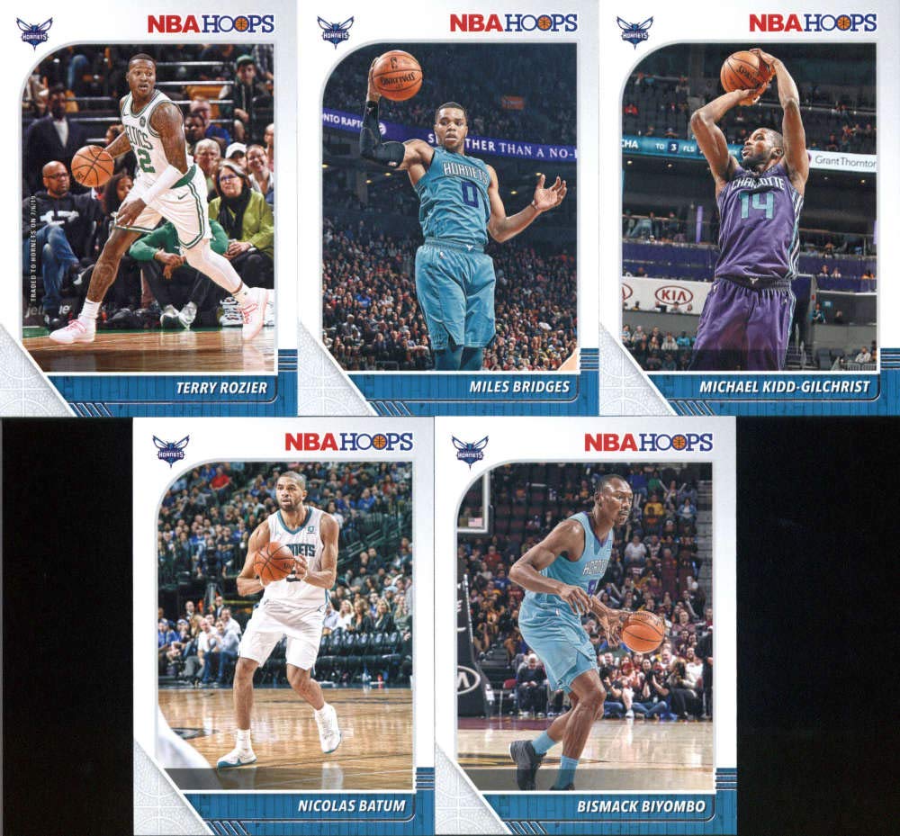 2019-20 Panini NBA Hoops Charlotte Hornets Team Set of 10 Cards: Terry Rozier(#10), Miles Bridges(#20), Michael Kidd-Gilchrist(#21), Nicolas Batum(#22), Bismack Biyombo(#23), Dwayne Bacon(#24), PJ Washington Jr.(#209), Cody Martin(#229), Jalen McDaniels(#