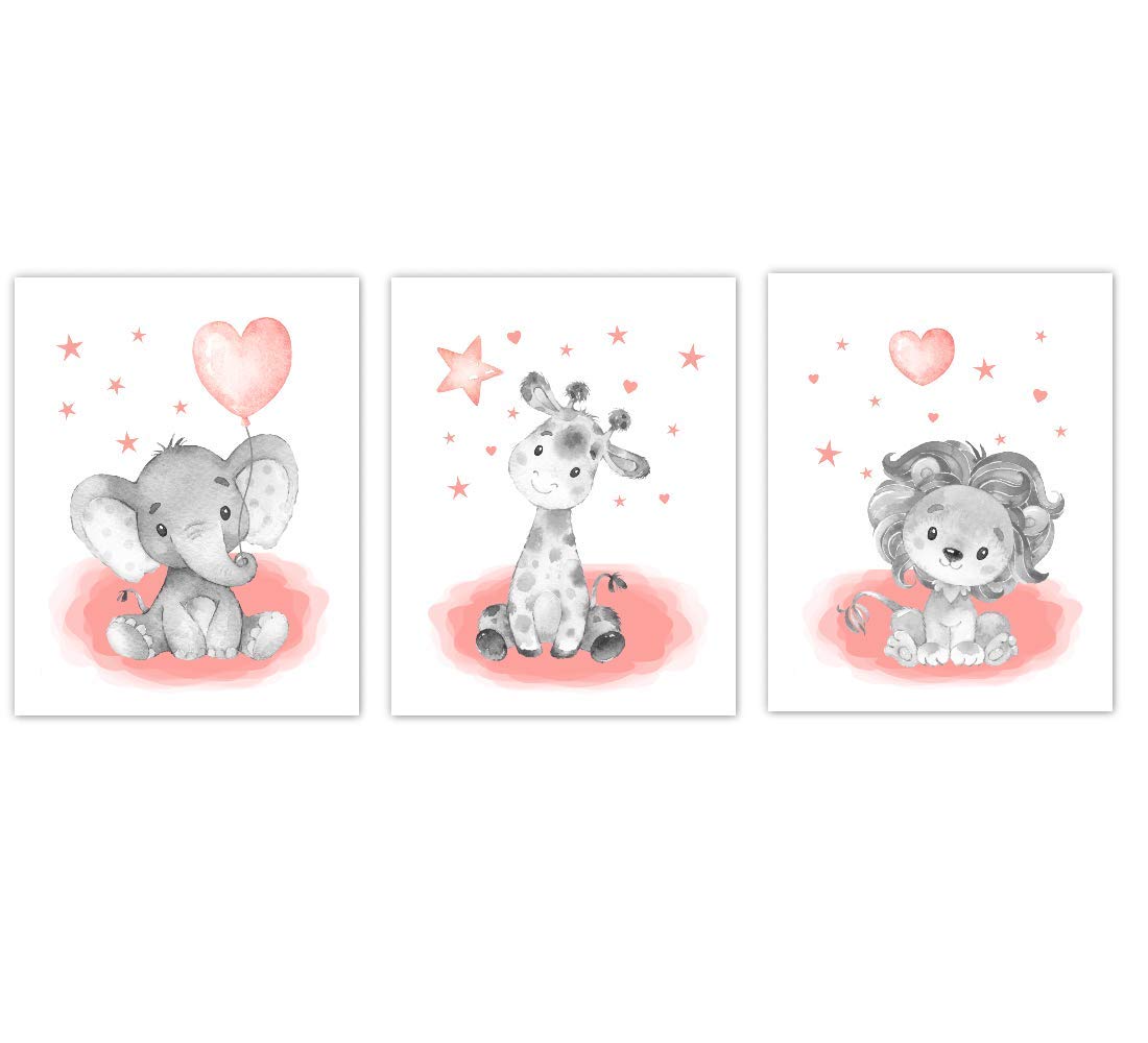 Safari Animals Coral Baby Girl Nursery Wall Art Elephant Giraffe Lion Decor 3 UNFRAMED PRINTS