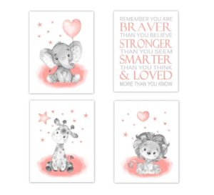 coral baby girl nursery art elephant giraffe lion wall decor 4 unframed prints