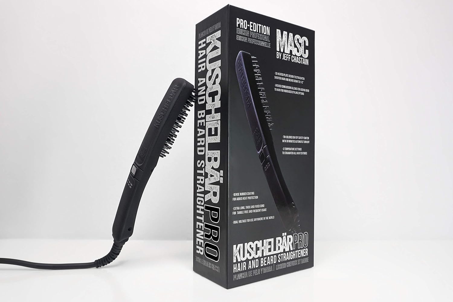 KUSCHELBÄR - Pro Hair and Beard Straightener for Men - Heated Brush Combs and Smooths Beards - 3 Heat Settings and XL Long Cord - for All Hair Types - by Parlor, previously MASC by Jeff Chastain