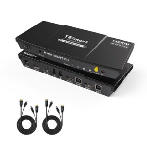 tesmart hdmi kvm switch 2 port 4k@60hz, kvm switch 1 monitor 2 computers edid emulators, usb 2.0, l/r audio, hotkey switch, button switch with remote controller and all cables