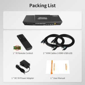 TESmart HDMI KVM Switch 2 Port 4K@60Hz, KVM Switch 1 Monitor 2 Computers EDID Emulators, USB 2.0, L/R Audio, Hotkey Switch, Button Switch with Remote Controller and All Cables