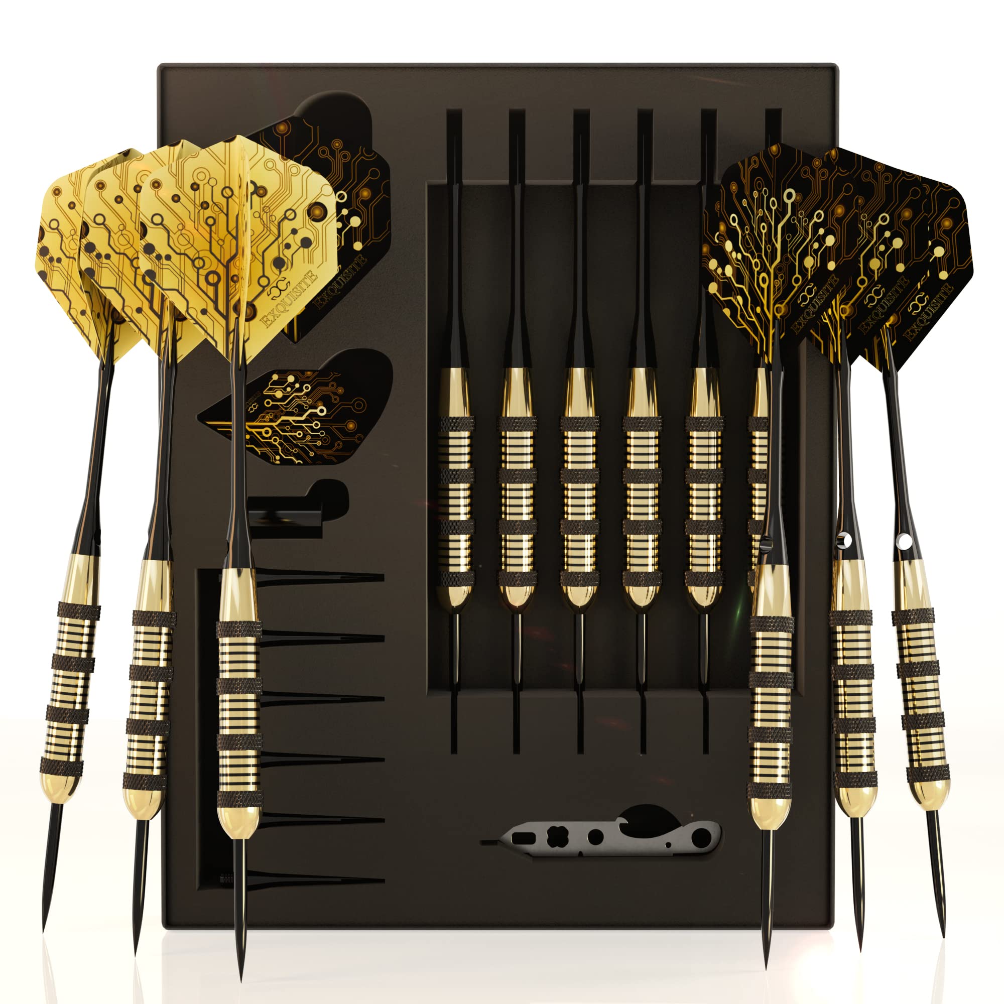 CC-Exquisite Premium Steel Tip Darts Set - Professional Darts, Brass Barrels, Metal Tip Darts, Extra Flights, (12) Aluminum Shafts 35/48, O-Rings, Dart Tool, Dart Sharpener, Darts Case