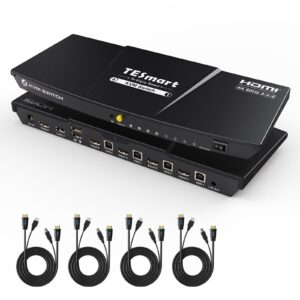 tesmart hdmi kvm switch 4 port 4k@60hz, kvm switch 1 monitor 4 computers edid emulators, usb 2.0, l/r audio, hotkey switch, button switch with remote controller and all cables