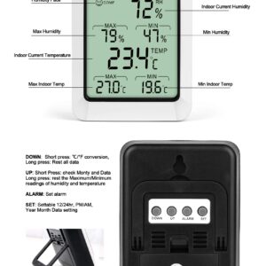 Indoor Hygrometer Thermometer with Alarm Clock Digital Temperature Humidity Meter with Large Screen, Multifunctional Temperature and Humidity Meter Monitor for Home, Office, Bedroom and Greenhouse