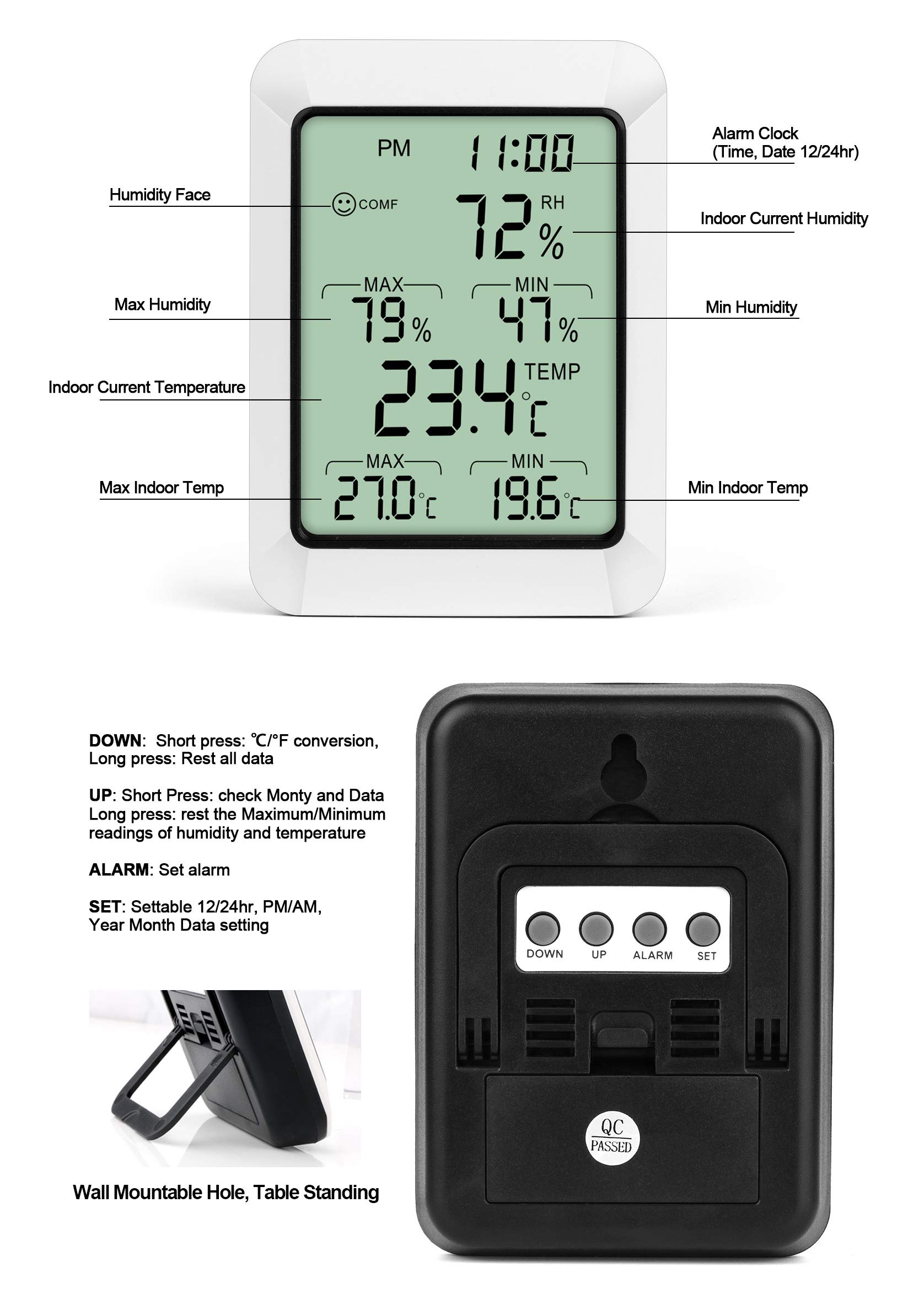 Indoor Hygrometer Thermometer with Alarm Clock Digital Temperature Humidity Meter with Large Screen, Multifunctional Temperature and Humidity Meter Monitor for Home, Office, Bedroom and Greenhouse