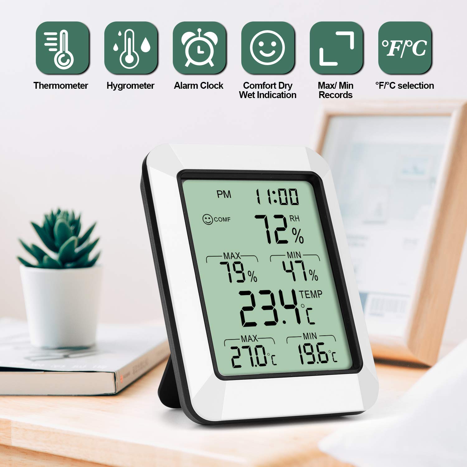 Indoor Hygrometer Thermometer with Alarm Clock Digital Temperature Humidity Meter with Large Screen, Multifunctional Temperature and Humidity Meter Monitor for Home, Office, Bedroom and Greenhouse