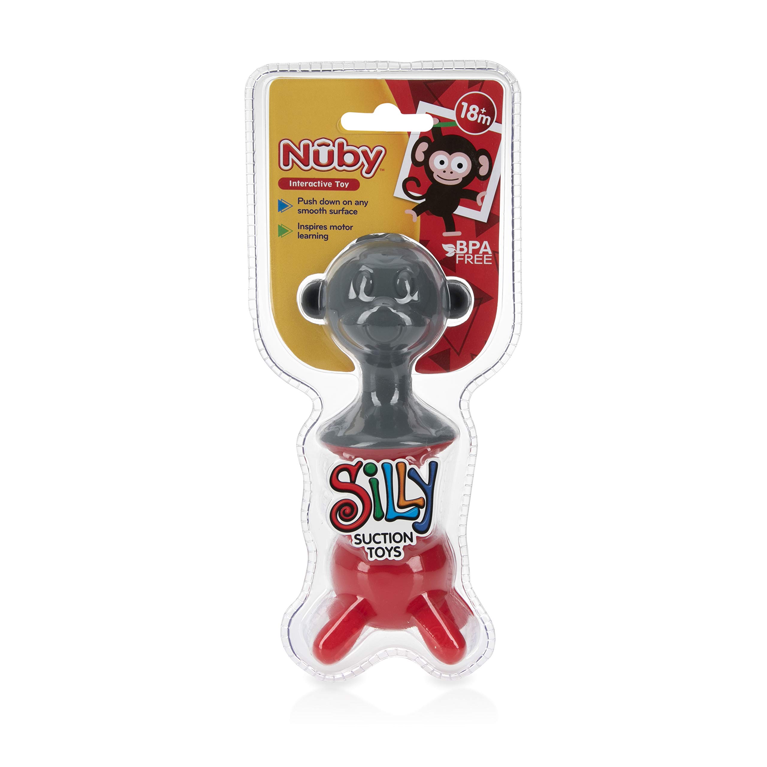 Nuby Silly Monkey Interactive Suction Toys with Built-in Rattle, 2 Piece, Gray/Red