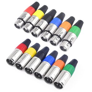 devinal xlr connectors, colored 3 pin xlr ends, male/female audio mic microphone dmx plug jack socket, nicked-plated, silver contacts, solder type, 6-pair