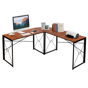 vecelo l shaped computer corner desk, 59’’x59’’ large industrial home office workstation, multi-usage long 2 person table, easy assembly/saving space, steel frame&wooden grain, brown